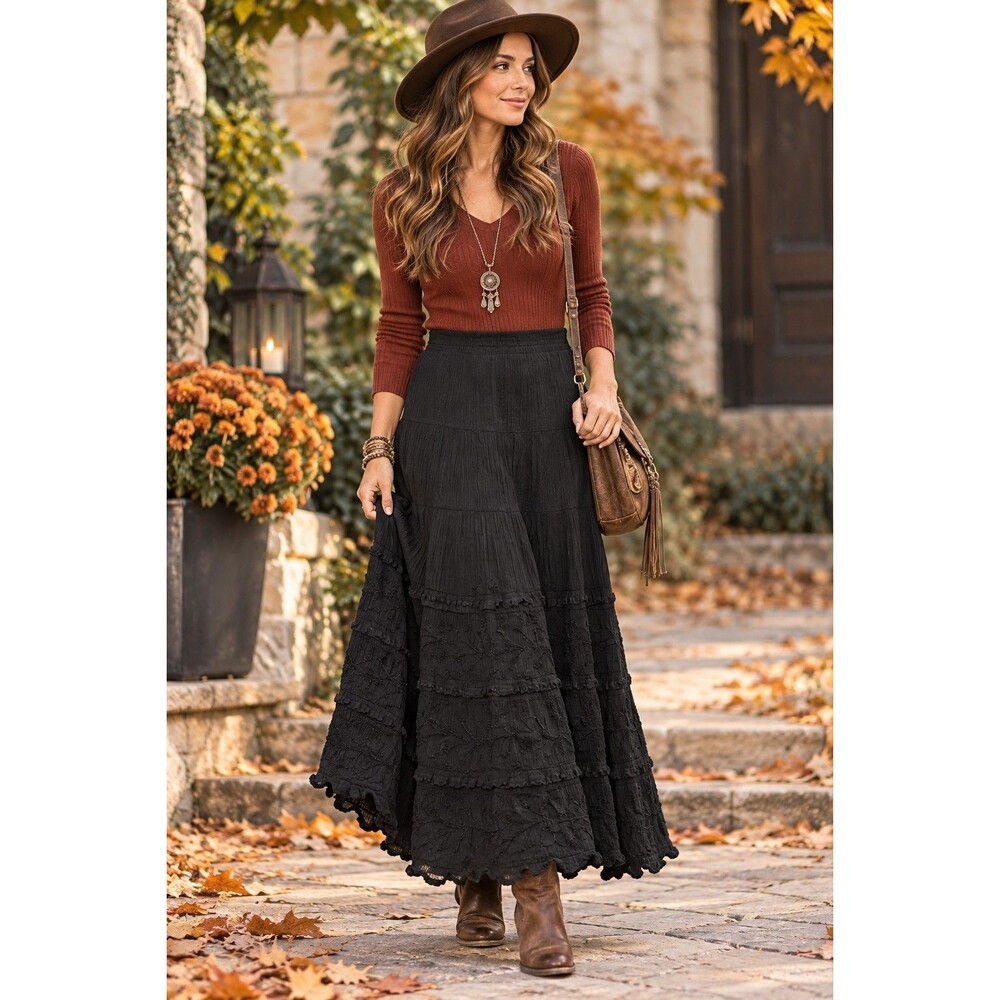 Boho Gothic Black Tiered Maxi Skirt Vintage Sand N Sun Cotton Size S